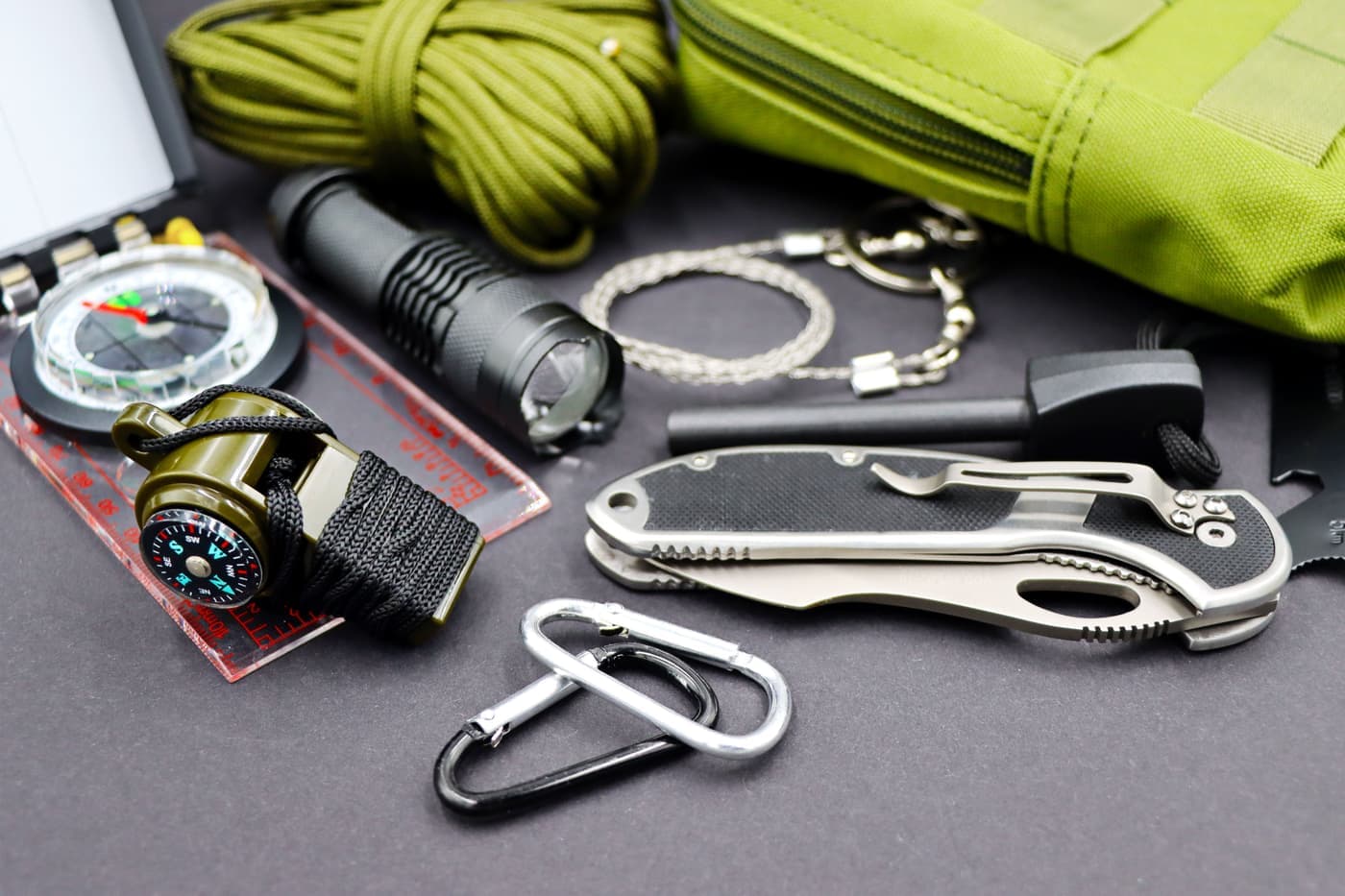 A flat lay of everyday carry and survival tools