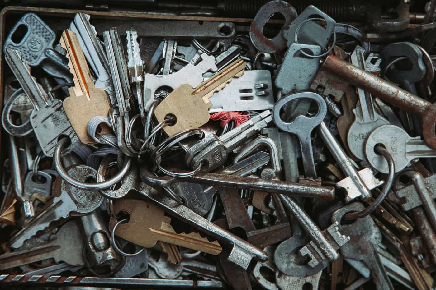A bunch of keys on a keyring photographed close up