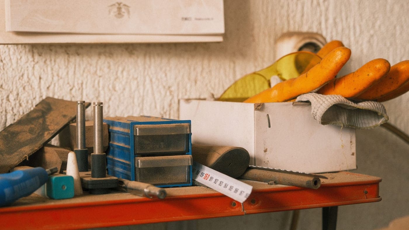 An assortment of hand tools laid out on a wooden bench