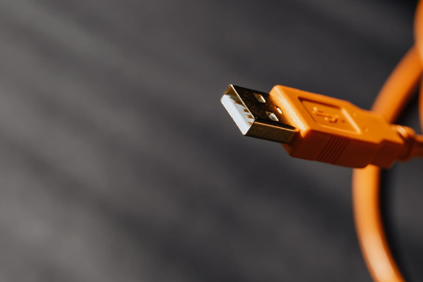 A USB cable connector photographed close up