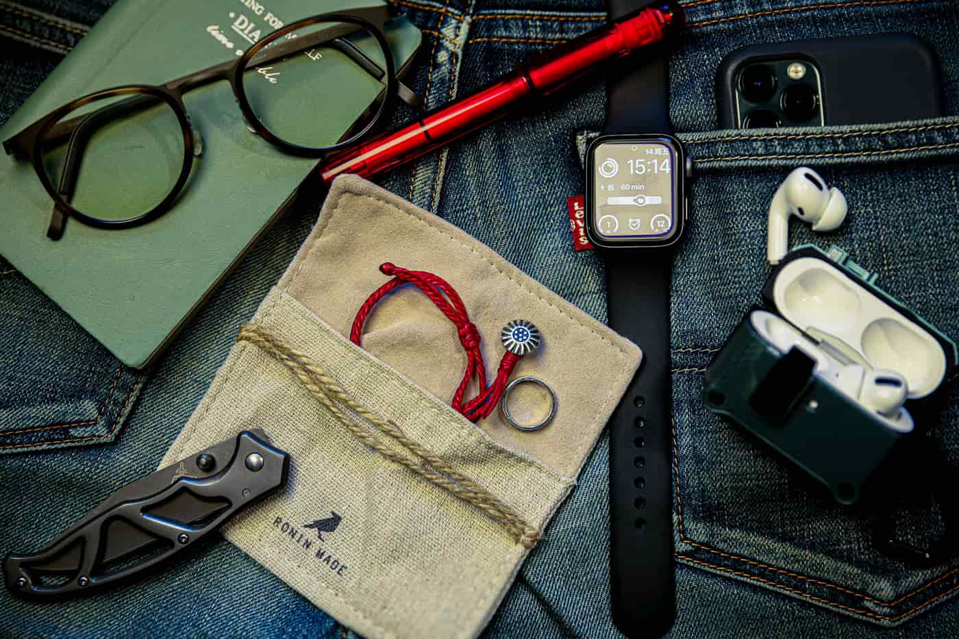 Everyday carry items arranged on a dark surface