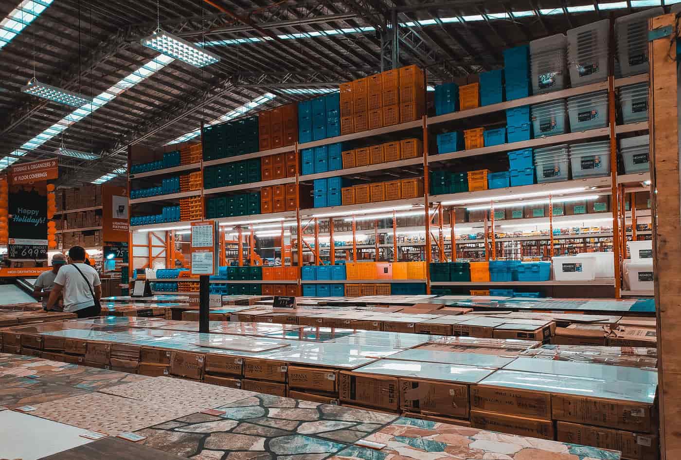 Warehouse shelving stacked with hardware stock
