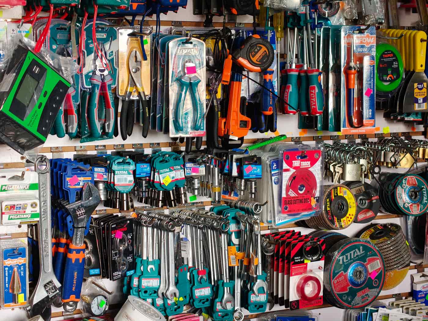 A store display of hardware tools including pliers, screwdrivers and wrenches